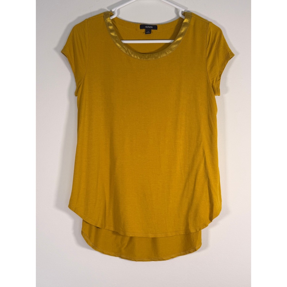 Alfani Womens Mustard Yellow Gold Trim Scoop Neck High Low Blouse Size Small